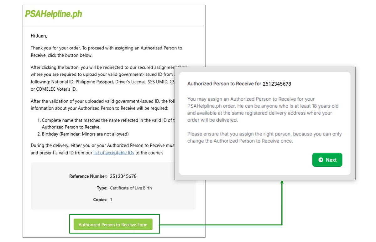 A customer receives an email with a link to assign an Authorized Person to Receive for a PSAHelpline.ph order