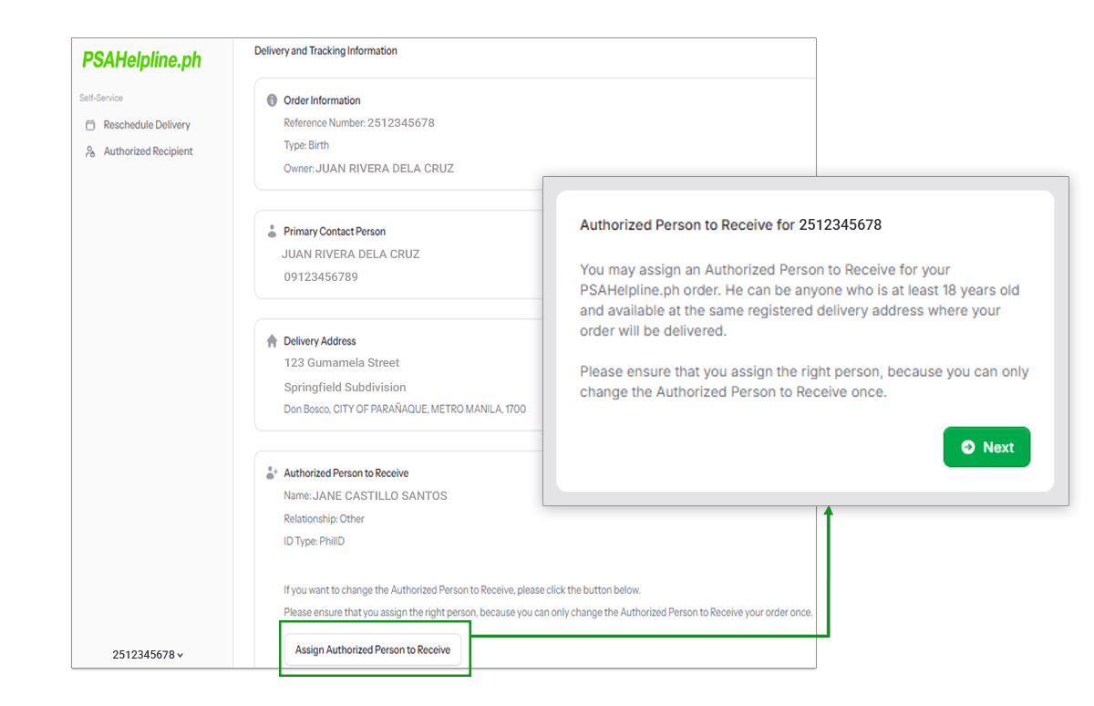A user can assign or reassign an Authorized Person to Receive directly from the self-service portal.