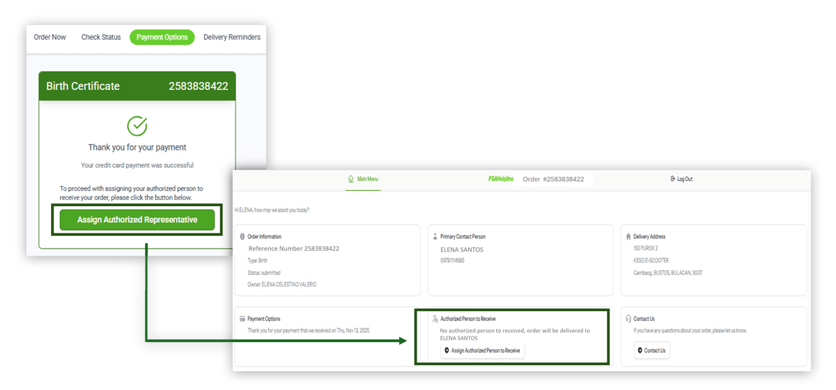 After a successful payment, a button to Assign Authorized Representative appears on the confirmation page.