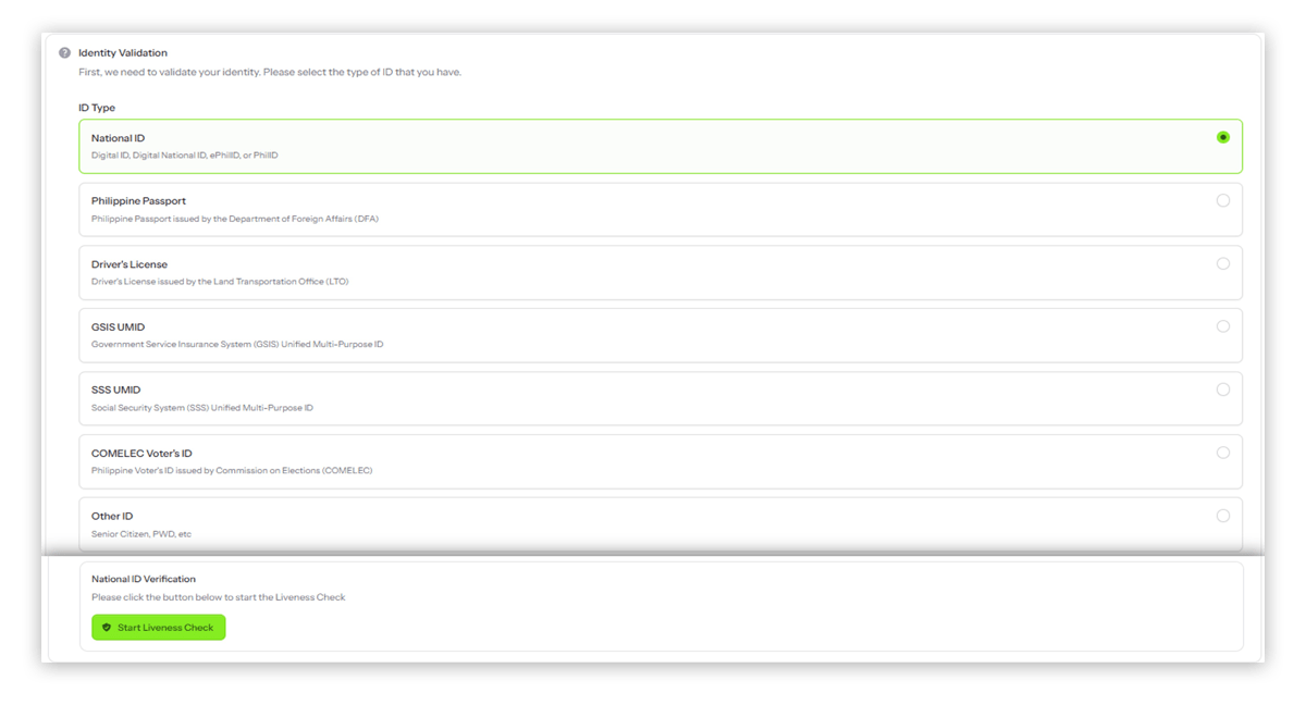 Select a valid government-issued ID type from the list to proceed with the validation process.