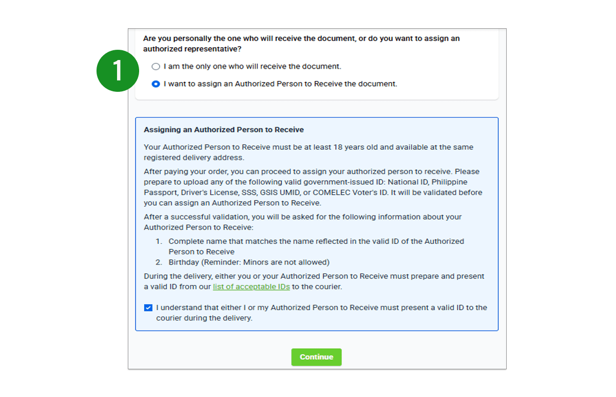 PSA certificate application, select to assign an Authorized Person to Receive and click Continue.