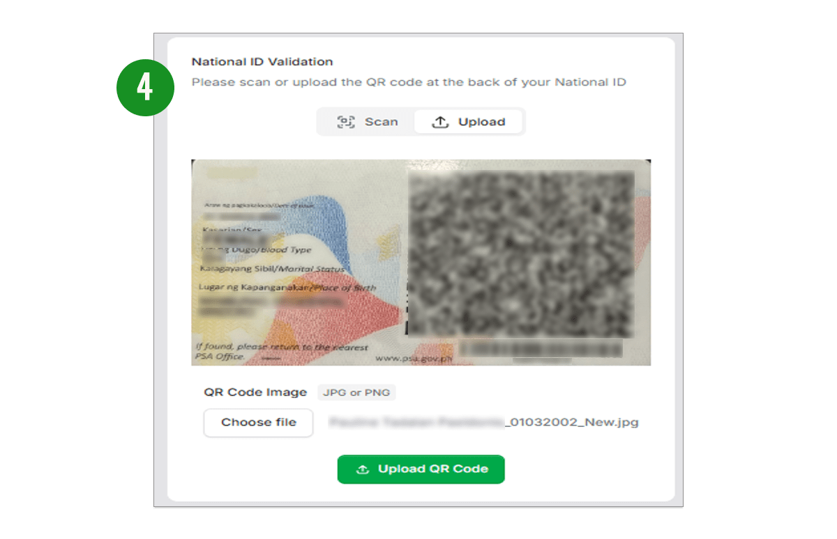 Scan or upload the QR code on the back of your National ID and click Upload QR Code.