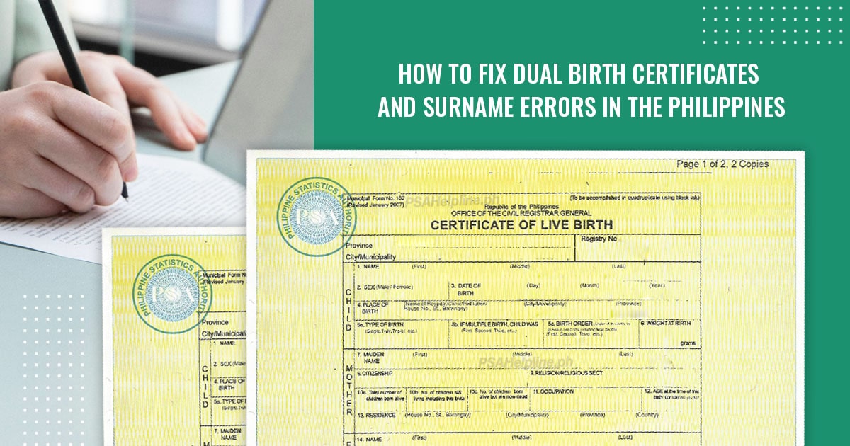 PSA birth certificate with guide title on fixing dual birth certificates.