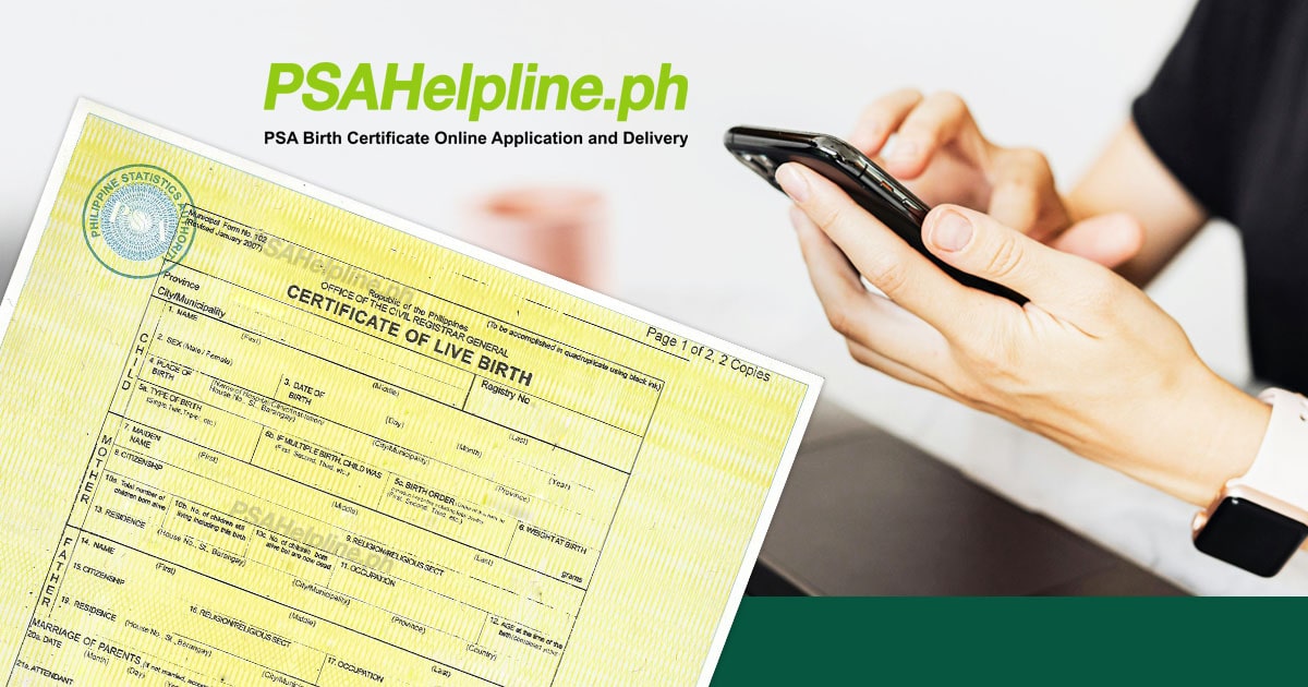 Person ordering a PSA birth certificate online through PSAHelpline.ph using a smartphone.