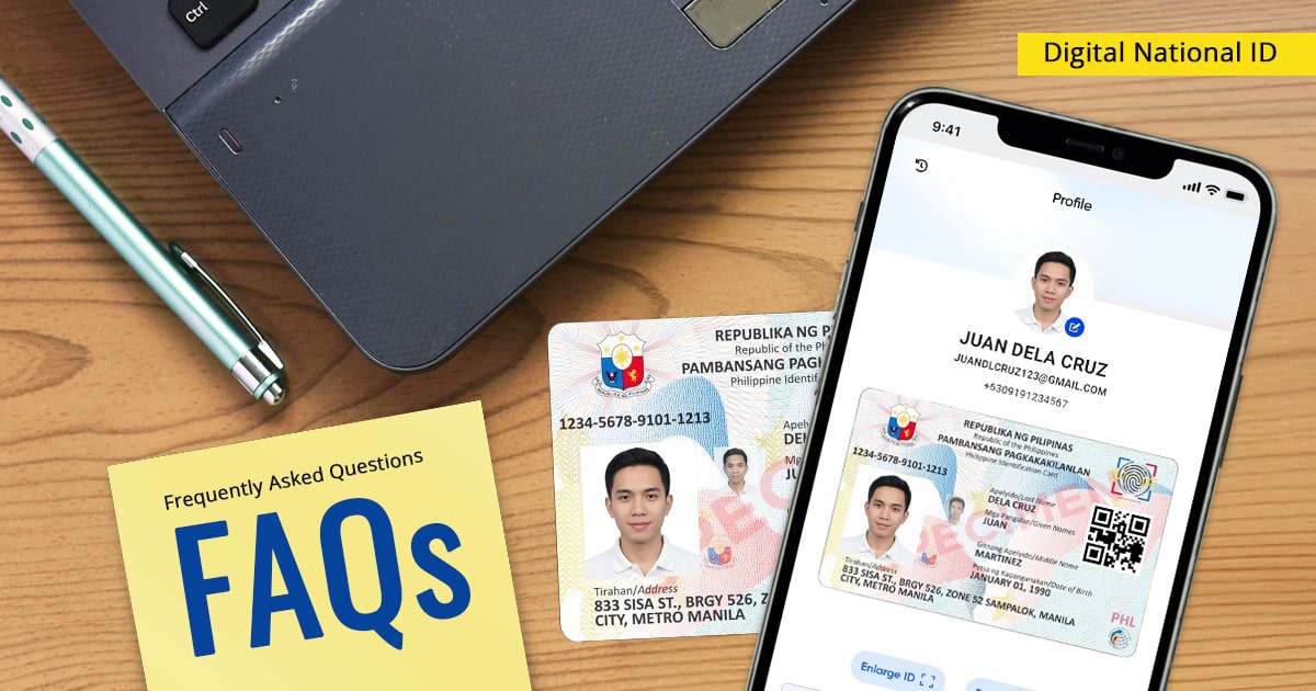 Digital national ID on a smartphone beside a laptop and FAQs post-it note.