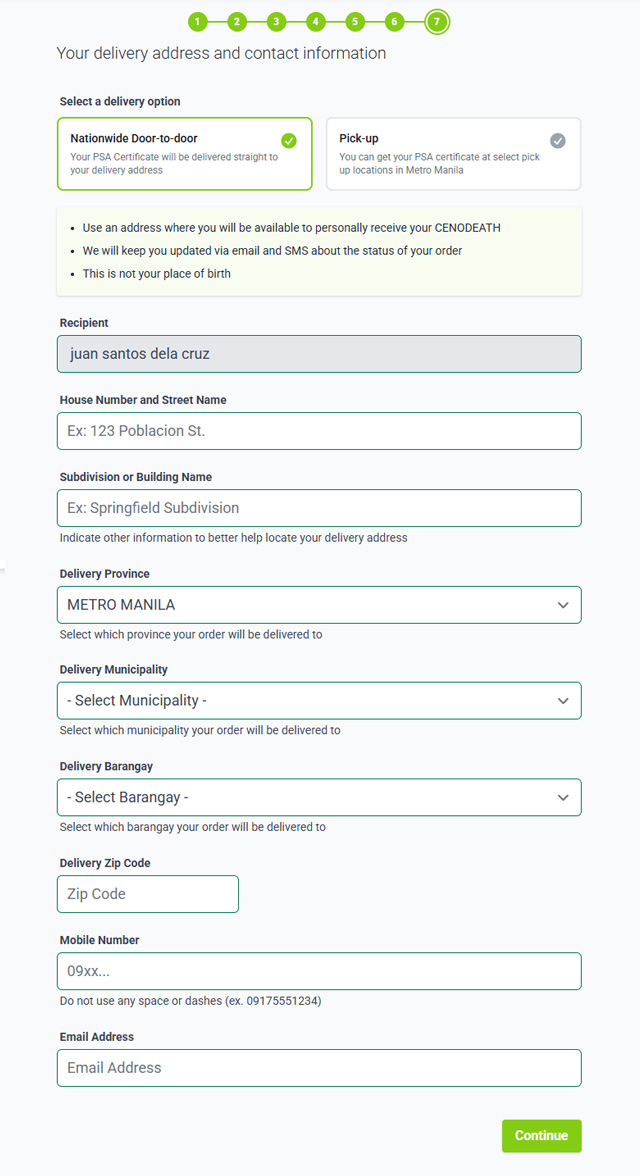 Delivery and contact information needed when requesting for PSA CENODEATH online