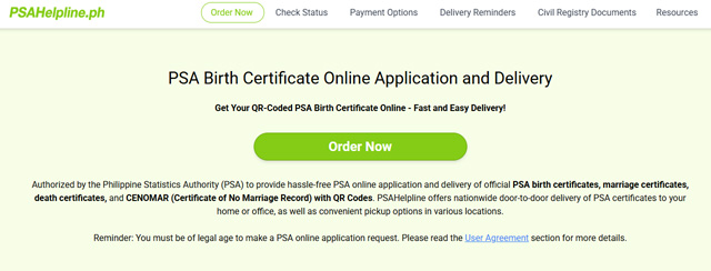 Order a PSA birth, marriage, death certificate, cenomar or cenodeath online