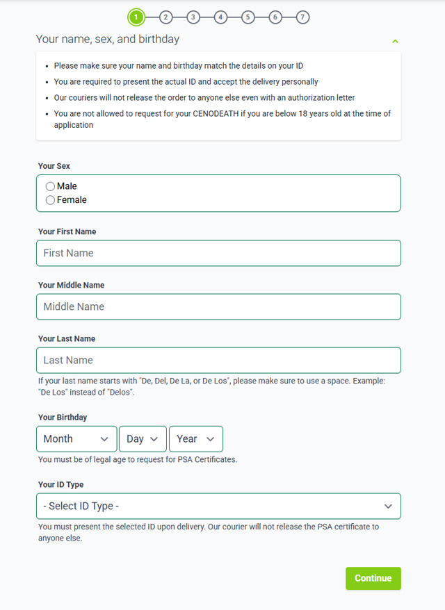 Information needed when requesting for PSA CENODEATH online